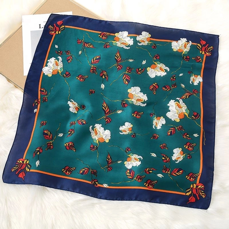 Women's Elegant Color Block Flower Satin Silk Scarf Kerchief
