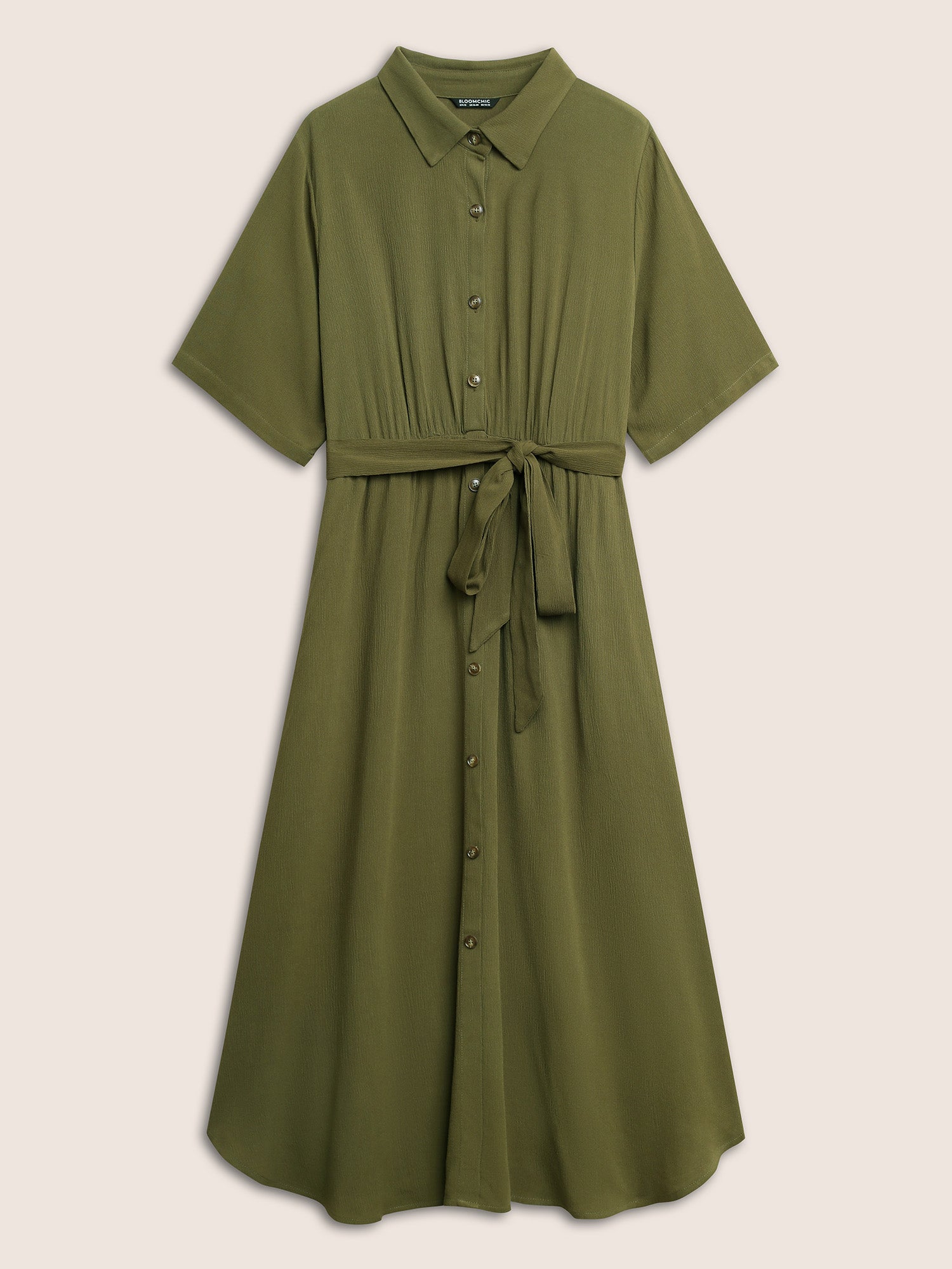 Solid Button Pocket Shirt Collar Belted Maxi Dress