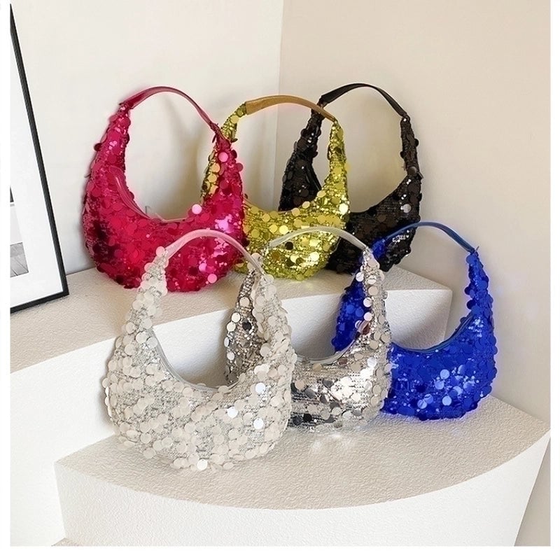 Women's Medium Sequin Solid Color Sexy Classic Style Crescent Shaped Zipper Underarm Bag