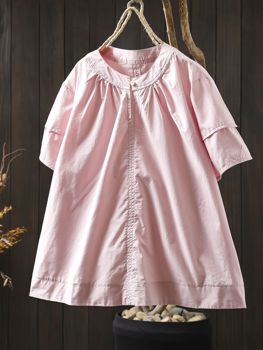 Women Summer Artsy Pure Color O-Neck 100%Cotton Shirt