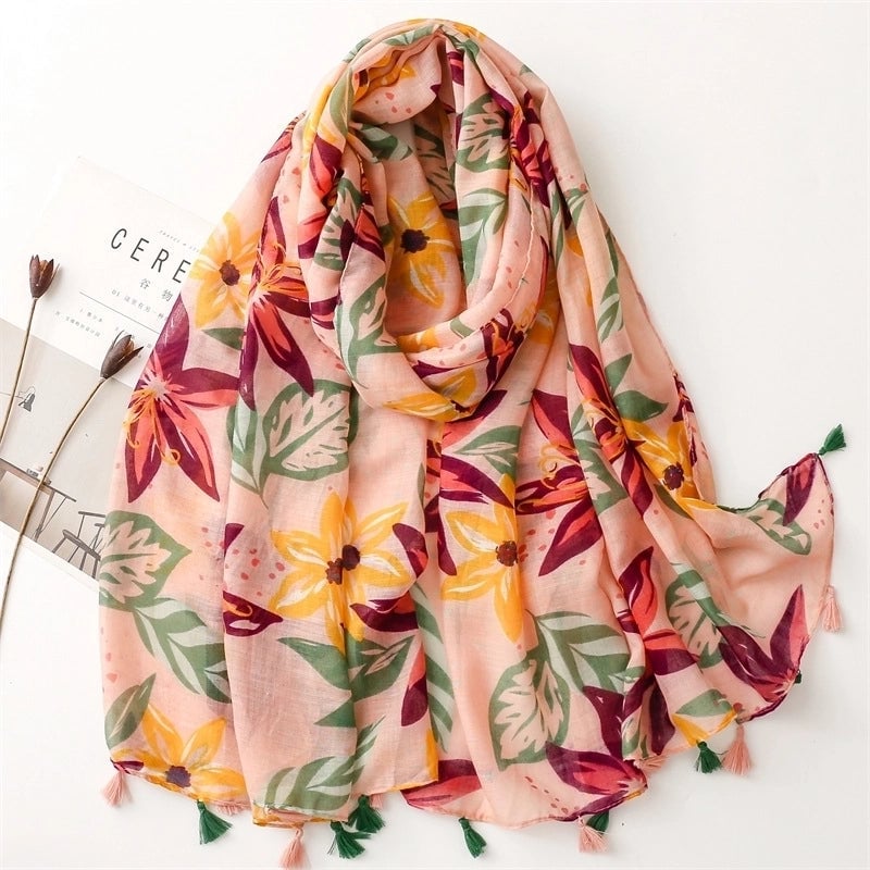 Yarn Cotton Fruit Green Bright Yellow Leaf Printing Tassel Scarf Shawl