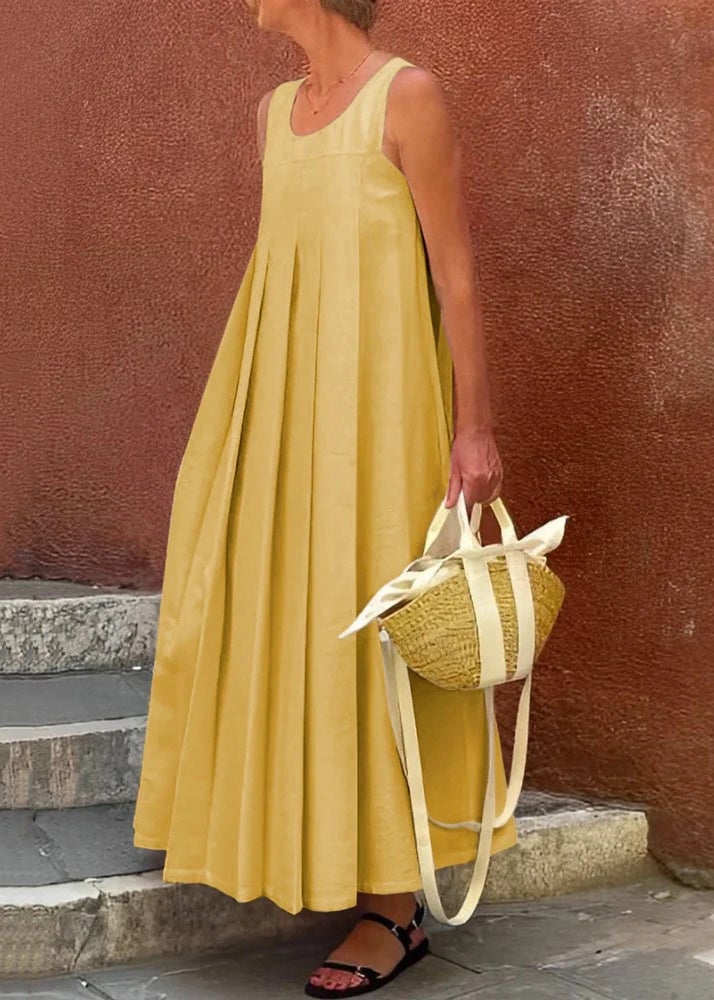 Simple Apricot Wrinkled Solid Cotton Long Dress Sleeveless Summer