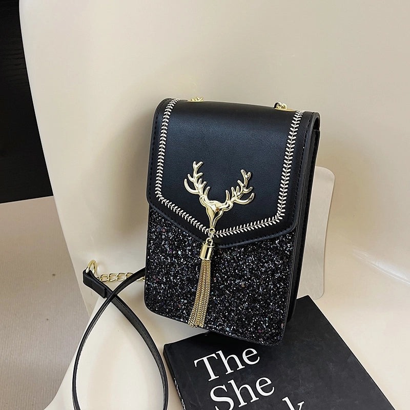 Women's Pu Leather Sequins Classic Style Sewing Thread Square Flip Cover Square Bag