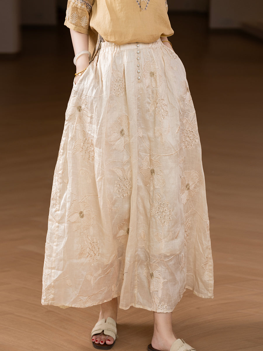 Women Summer Artsy Flower Embroidery 100%Ramie Skirt