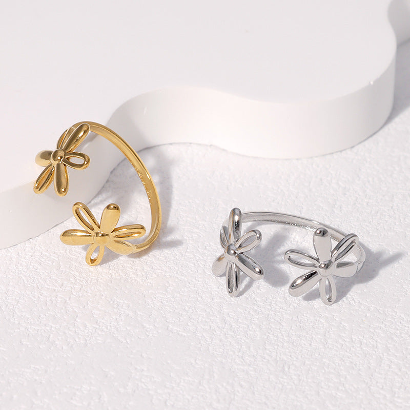 Hollow Daisy Sweet Flower Personality Niche Design Adjustable Opening Stainless Steel Ring