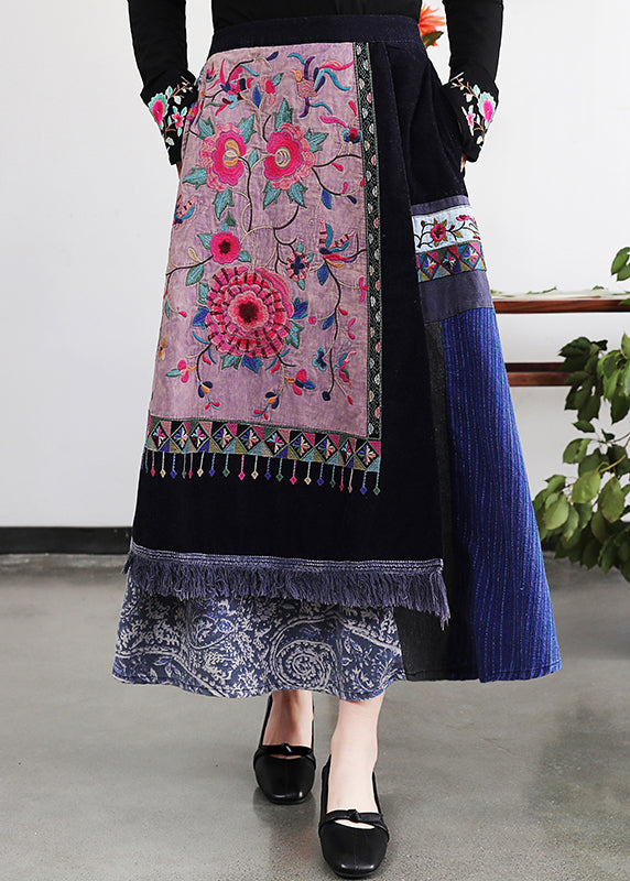 Retro Embroidered Pockets Floral Elastic Waist Cotton A Line Skirt Fall