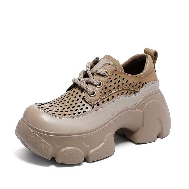 Womens Handmade Leather Platform Oxfords For Summer Perforated Design in Beige/Khaki/Black