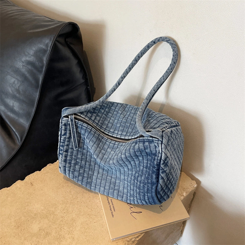 Women's Large Denim Solid Color Streetwear Pillow Shape Zipper Shoulder Bag Crossbody Bag