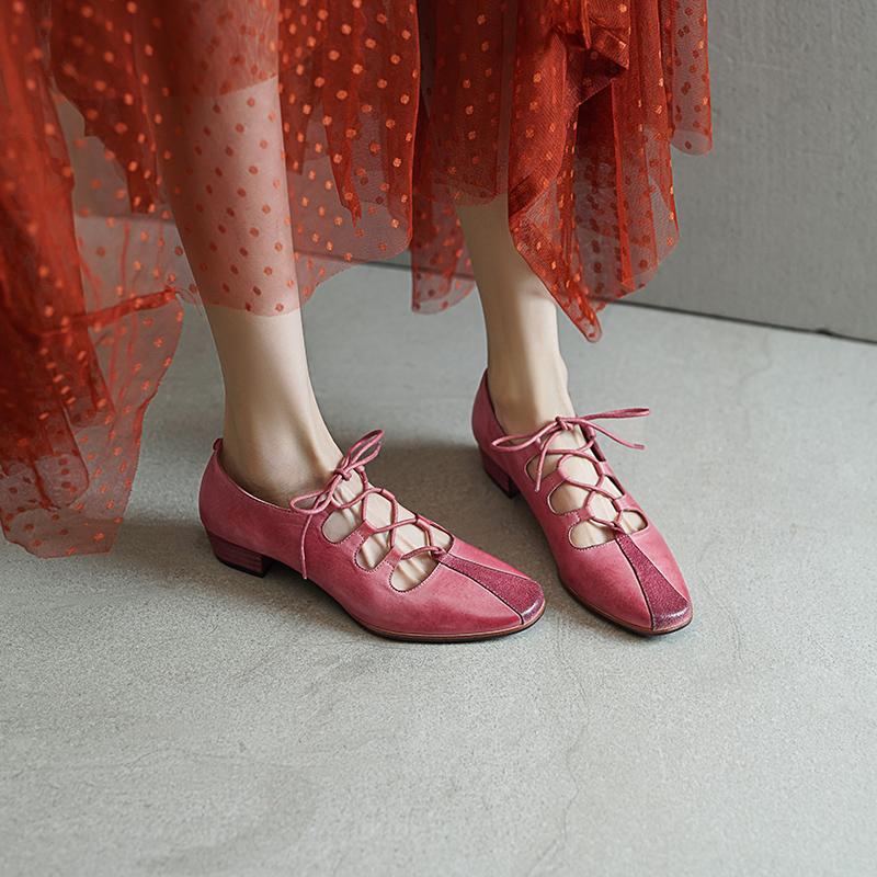 Elegant Washed Horse Leather Mary Jane Shoes with Cross-Strap Design Pink/Grey/Blue
