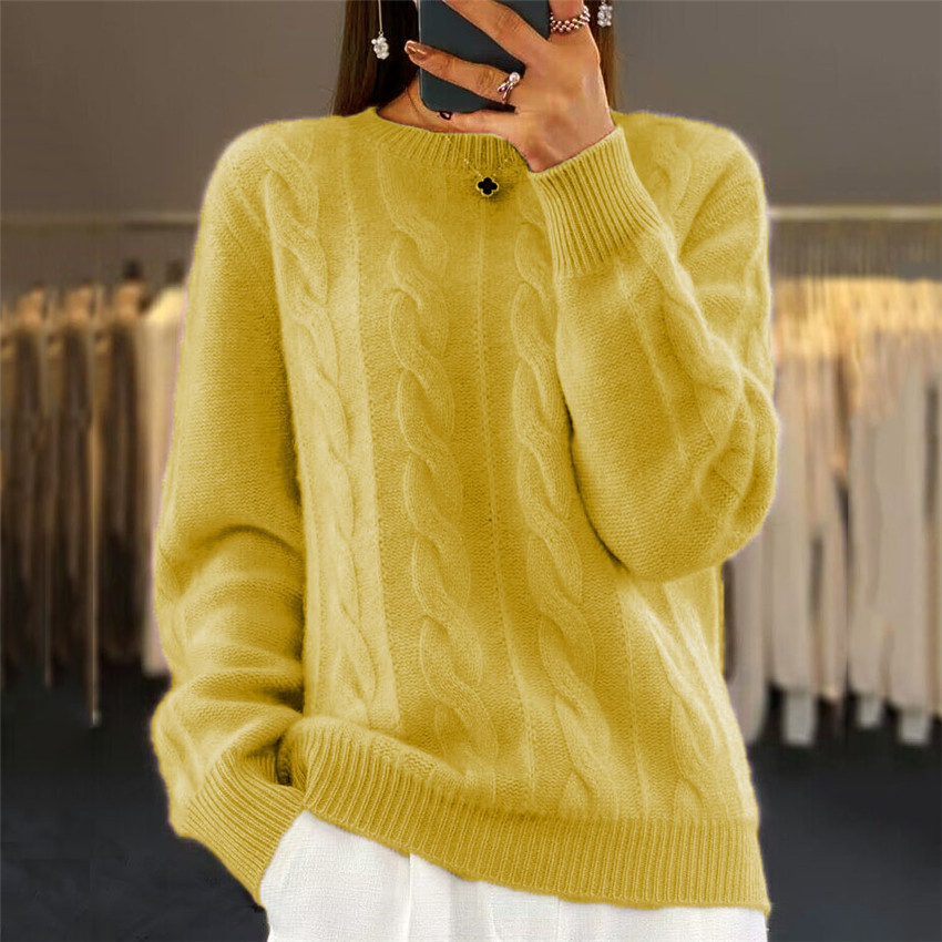 Retro Twist Crew Neck Solid Color Sweater