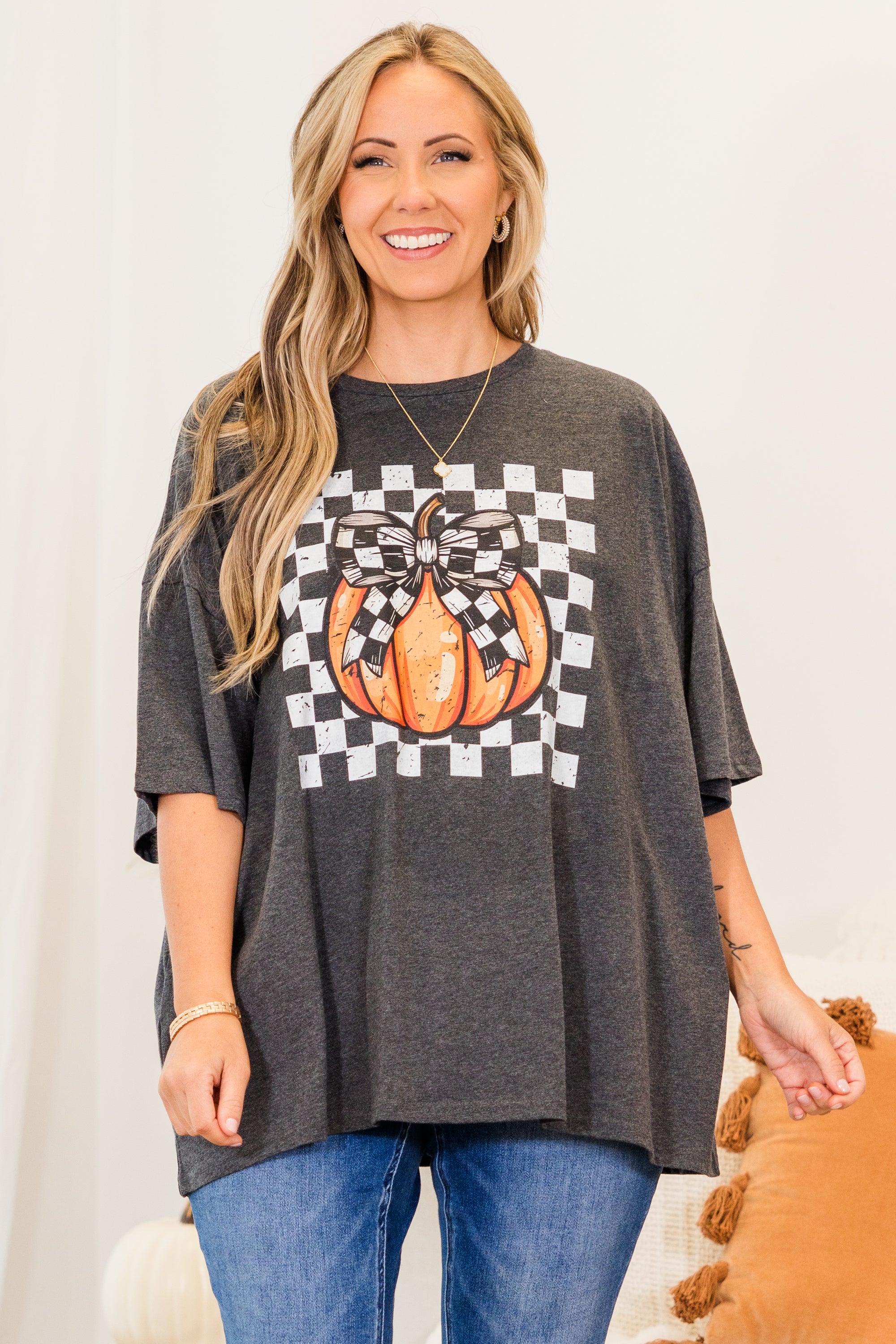 Checkered Pumpkin Boyfriend Tee. Charcoal