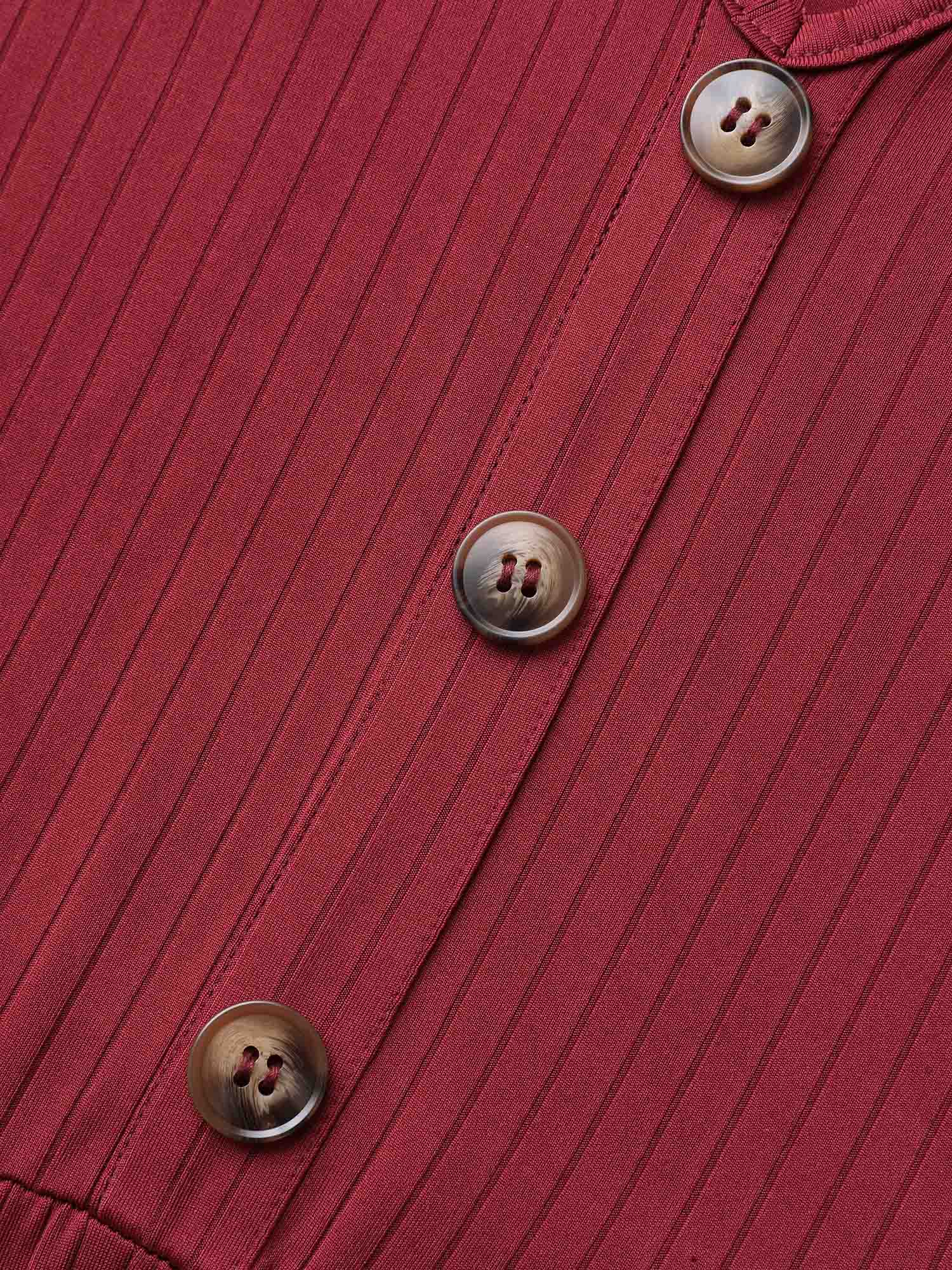 V Neck Button Detail Rib Knit Dress