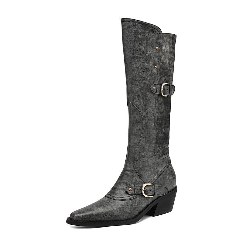 Women's Western R Toe Knee High Riding Boots with Belt in Grey/Brown