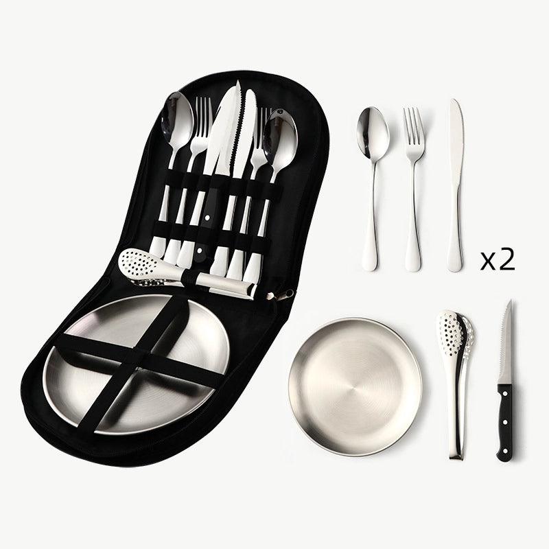 Outdoor Travel Stainless Steel Tableware Camping Picnic Barbecue Plate Clip Steak Knife. Fork And Spoon Suit Portable Storage Bag