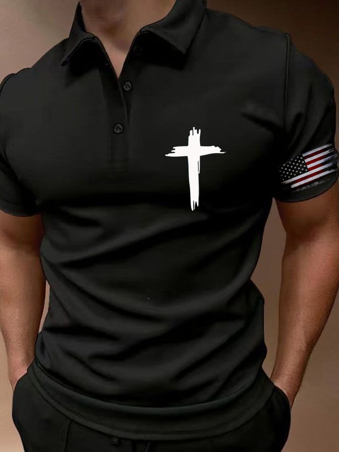 Men's Flag Cross Print Button Casual Polo Shirt
