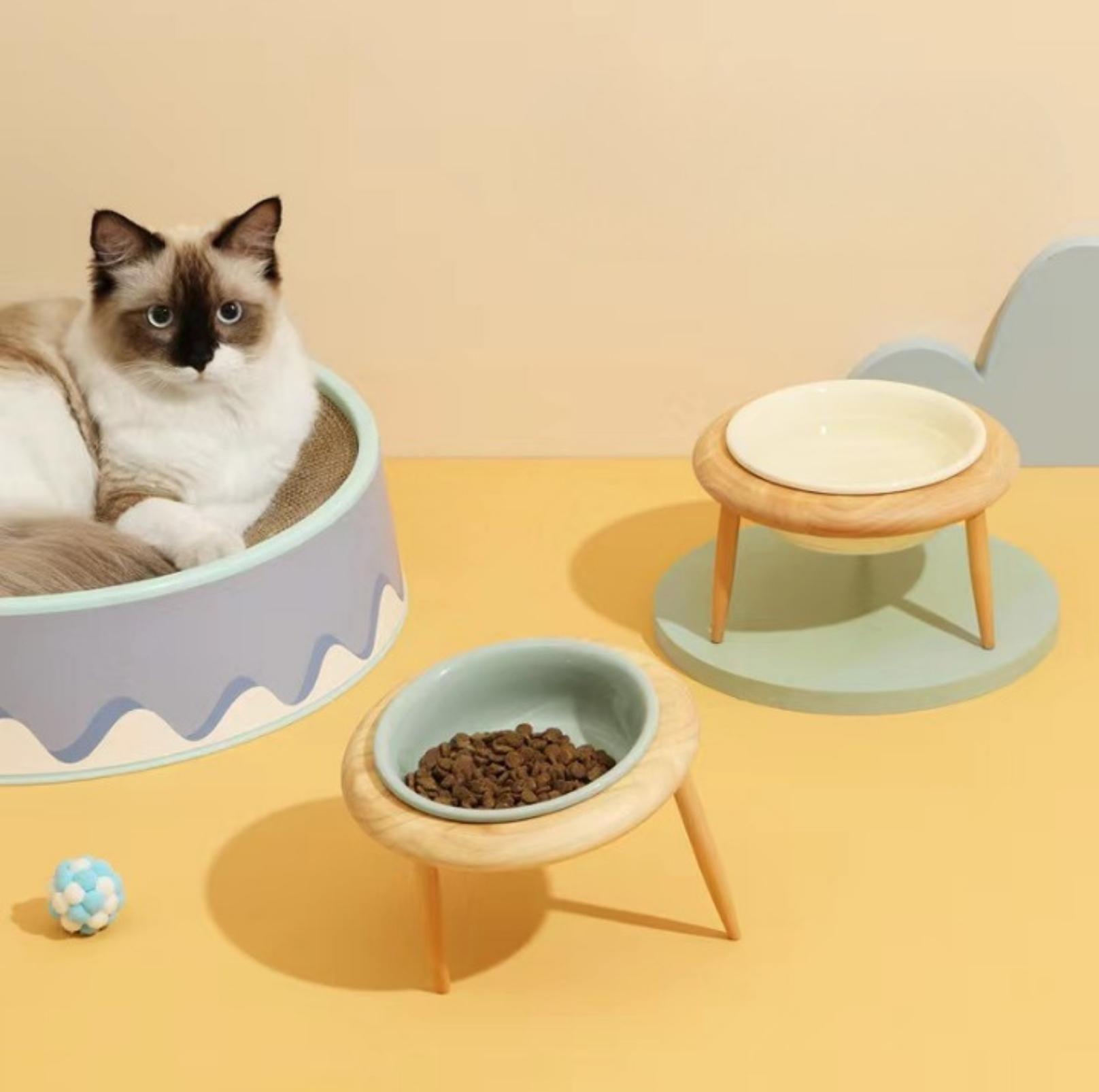 Ceramic Height Adjustable Pet Bowl with Wooden Stand | Small Dog and Cat Bowls