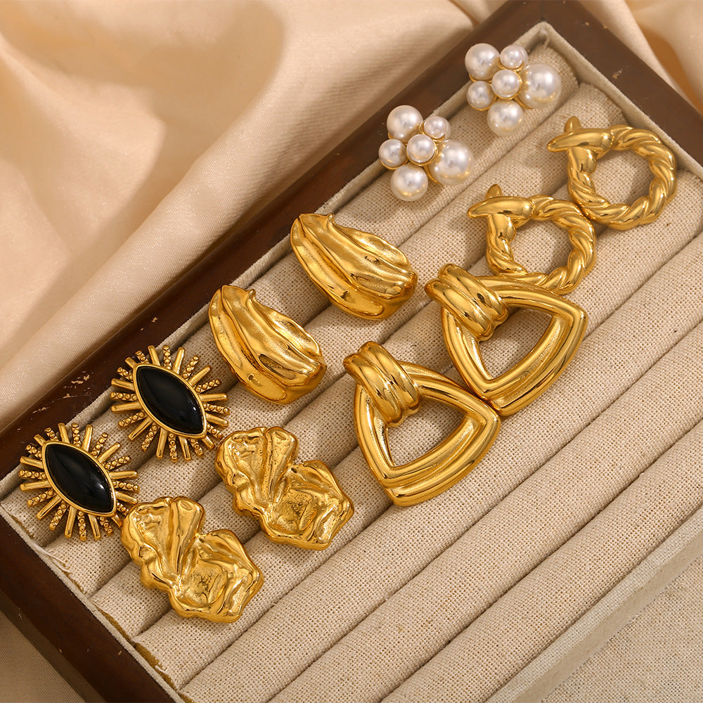 Fashion Geometric Pearl Black Onyx Eye Earrings Stainless Steel 18K Gold Plated Twisted Cross Earrings