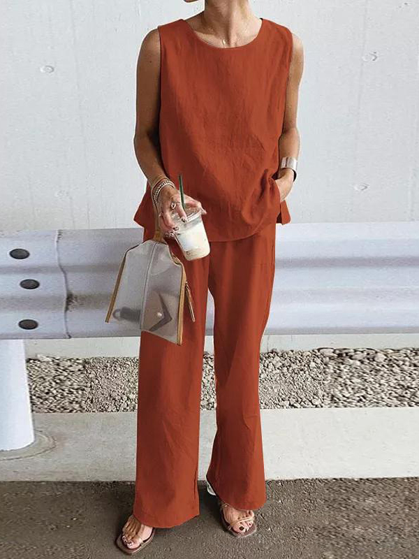 Loose Sleeveless Solid Color Split-Side Round-Neck Vest Top + Pockets Pants Bottom Two Pieces Set