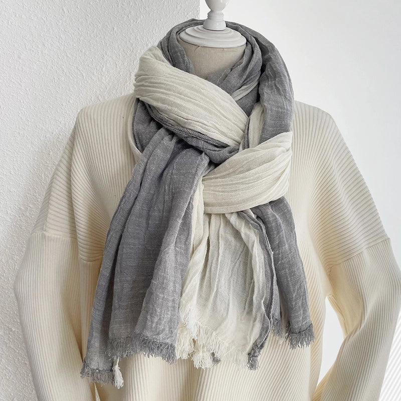 Unisex Retro Color Block Cotton Tassel Scarf