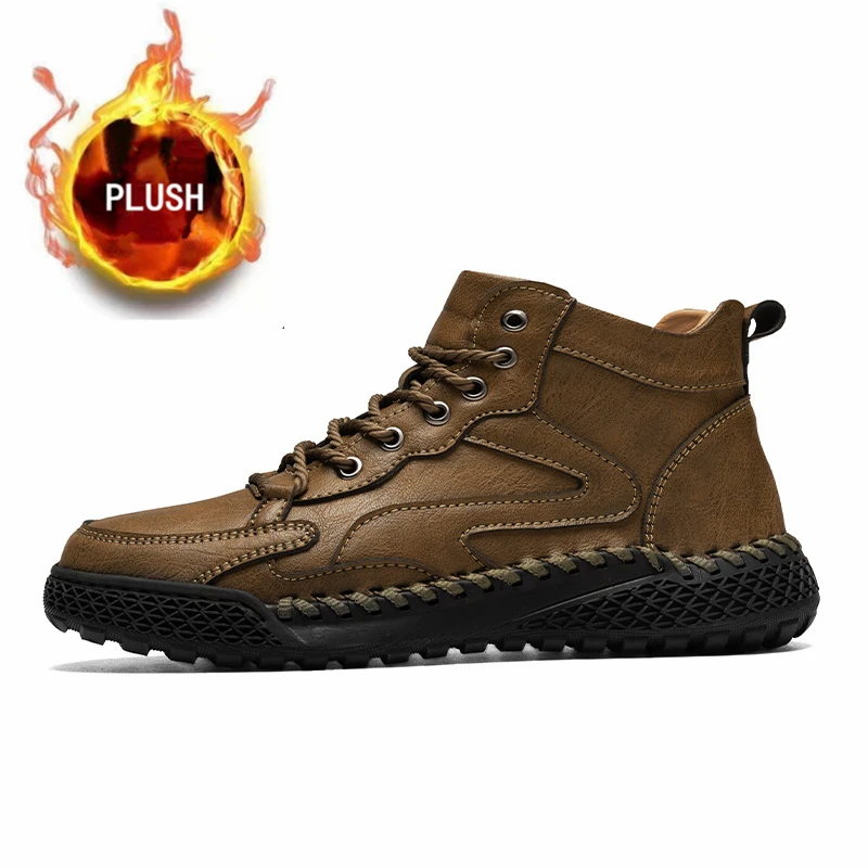 Drawato diy Outdoor Hiking Shoes for Men Autumn Winter Ankle Snow Boots Optional Plush Non-slip Lightweight Hand Stitched Leather Shoes