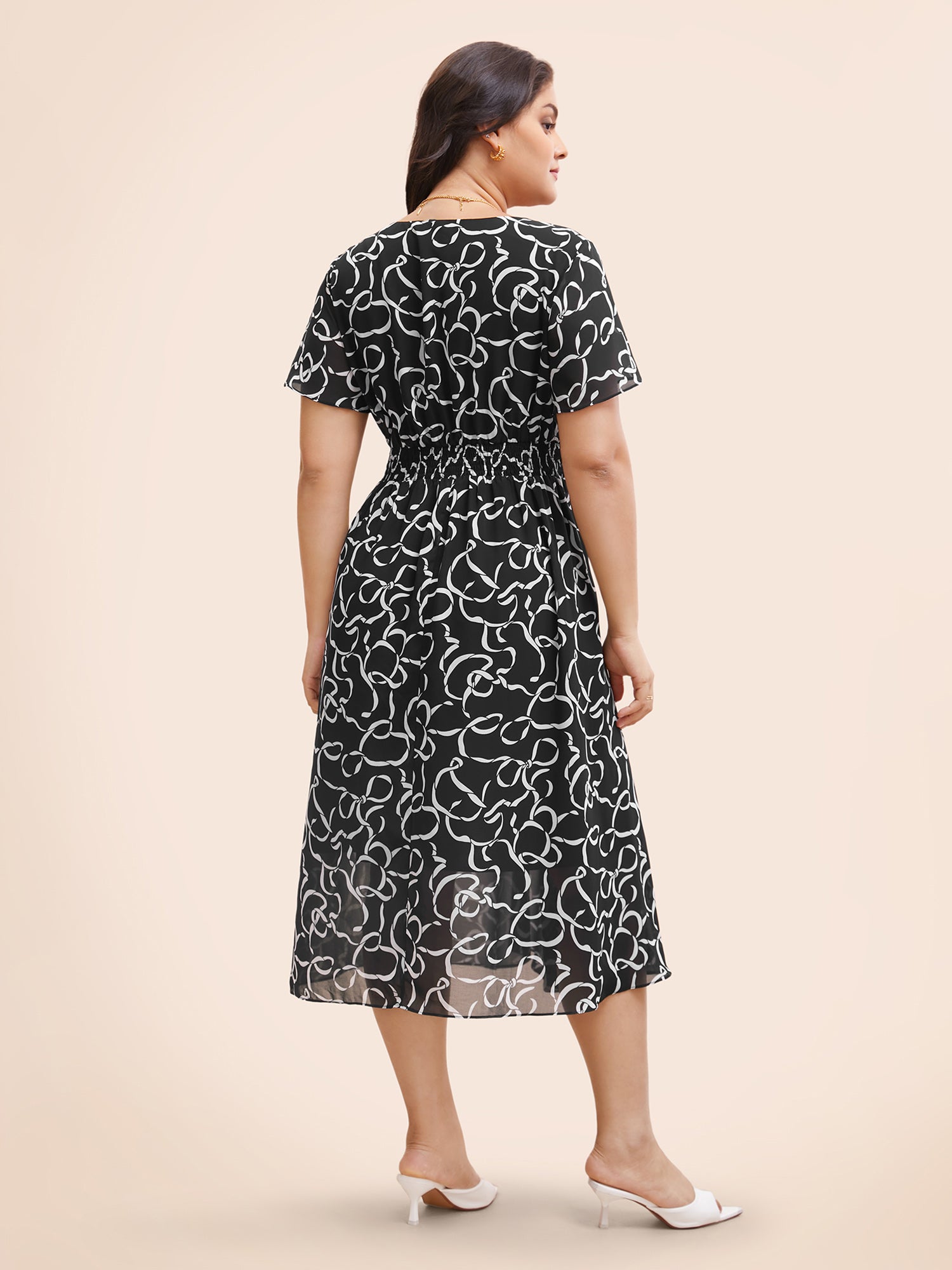 Chiffon Bowknot Print Ruffle Sleeve Midi Dress