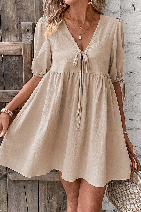 V Neck Solid Tie Front Casual Mini Dress