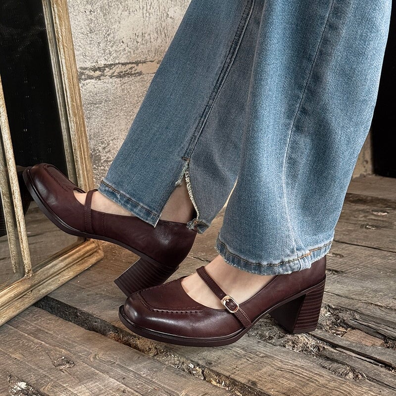 Women's Genuine Leather Mary Jane Pumps 65mm Block Heel in Brown/Black