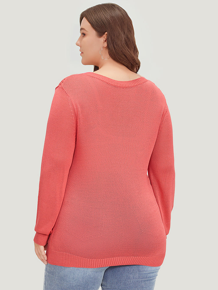Plain Patchwork Cut Out Round Neck Pullover