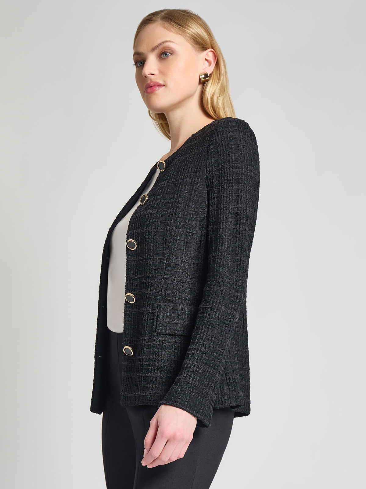 Tailored Tonal Plaid Knit Jacket, Black - Vanity Fit