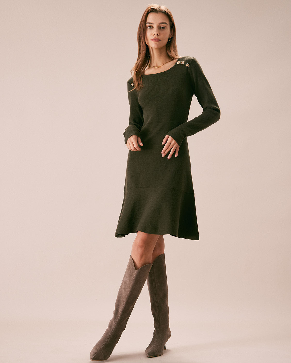 The Army Green Button Sweater Mini Dress