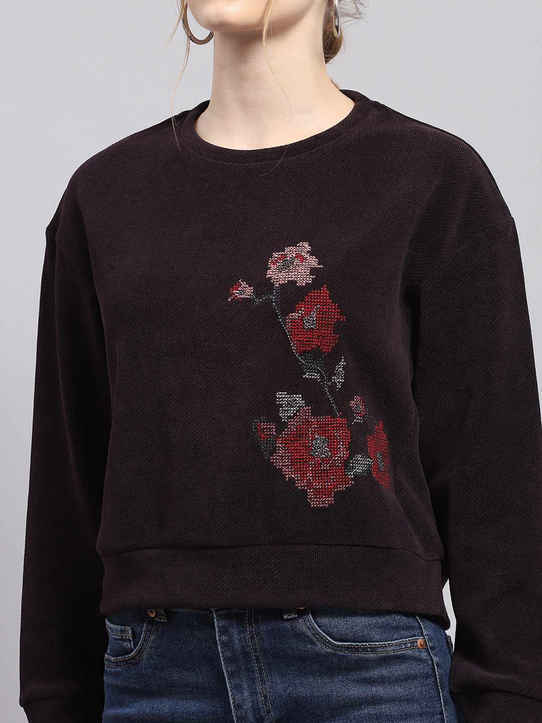 Women Maroon Printed Round Neck Full Sleeve Sweatshirt