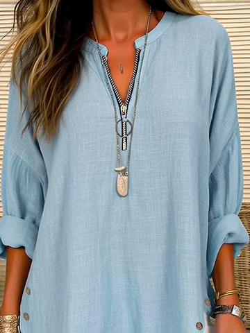 V Neck Long Sleeve Plain Zipper Regular Loose Shirt For Women