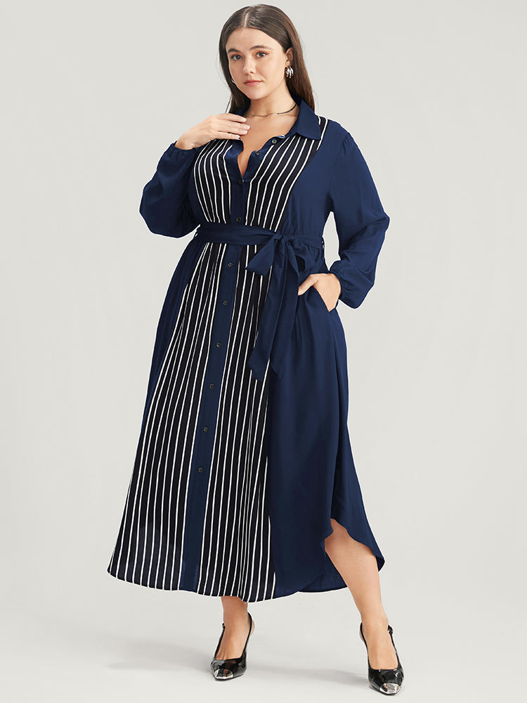 Striped Contrast Pocket Button Detail Belted Dress