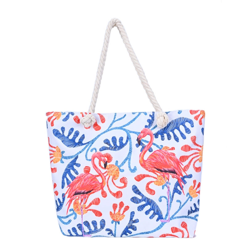 Women's Medium Canvas Flamingo Beach Square Zipper Beach Bag