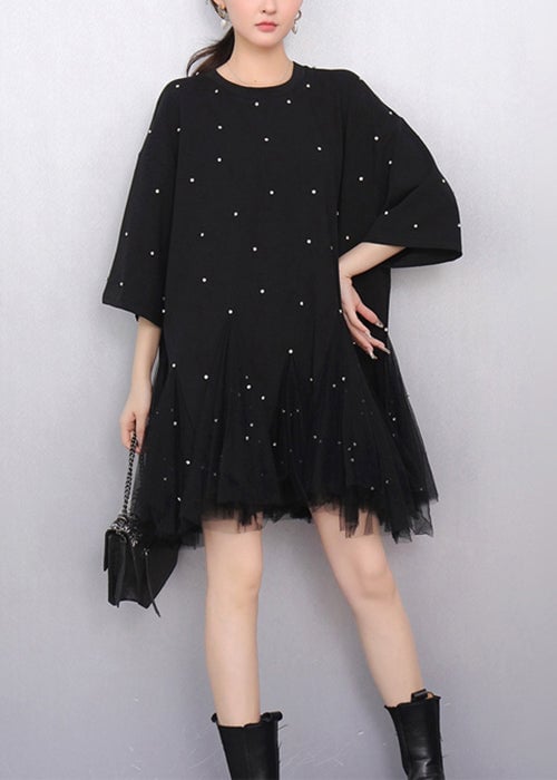 Fine Black Zircon Tulle Patchwork Cotton T Shirts Dress Half Sleeve Fall