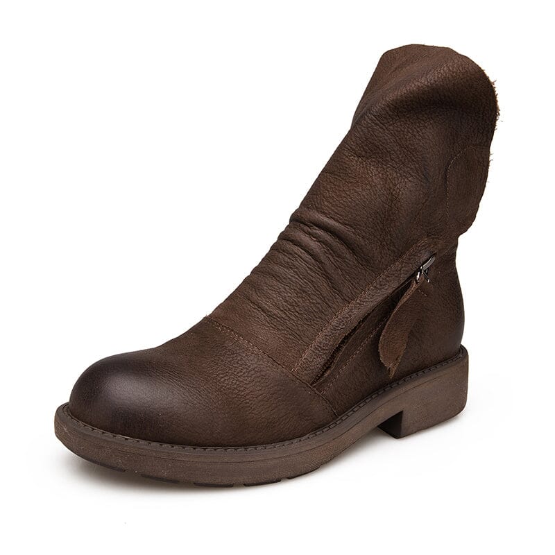 Leather Zip Boots Retro Riding Boots Women Chunky Wrinkled Ankle Boots Black/Coffee