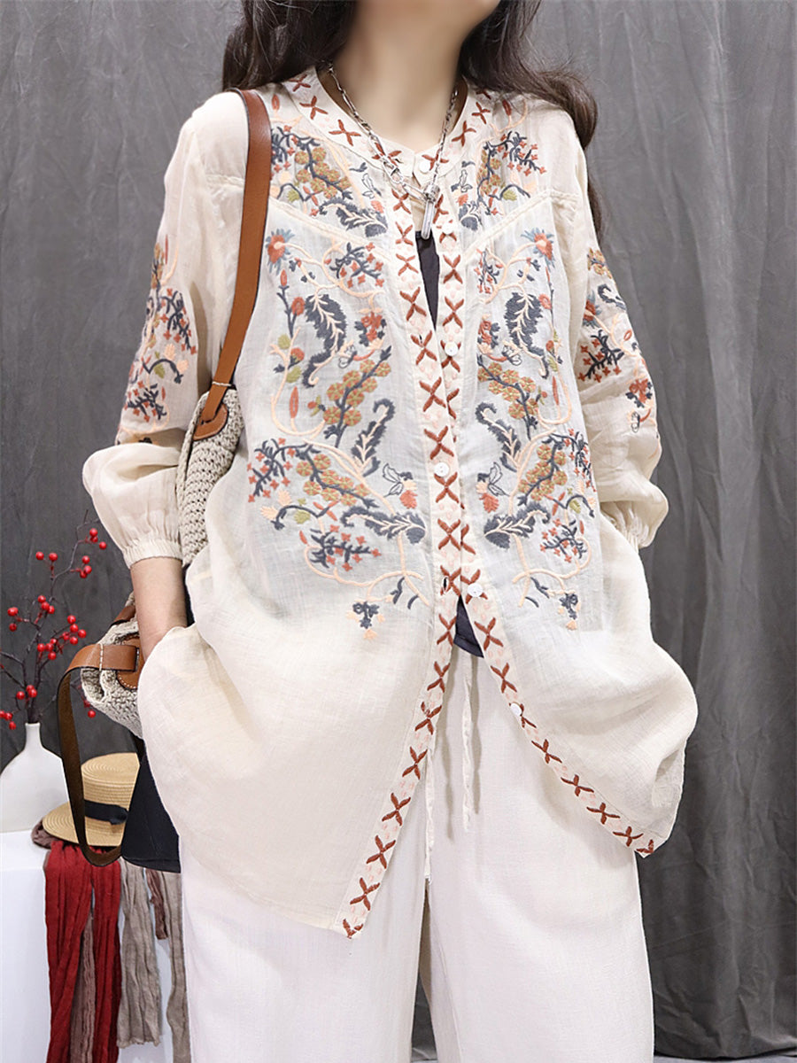 Women Summer Flower Embroidery O-Neck 100%Ramie Cardigan Shirt