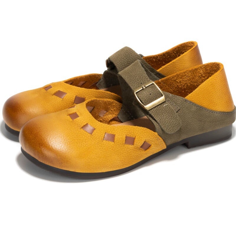 Distinctive Leather Mary Jane Flats Round Toe Buckle Strap Casual Shoes in Yellow Coffee/Yellow Brown