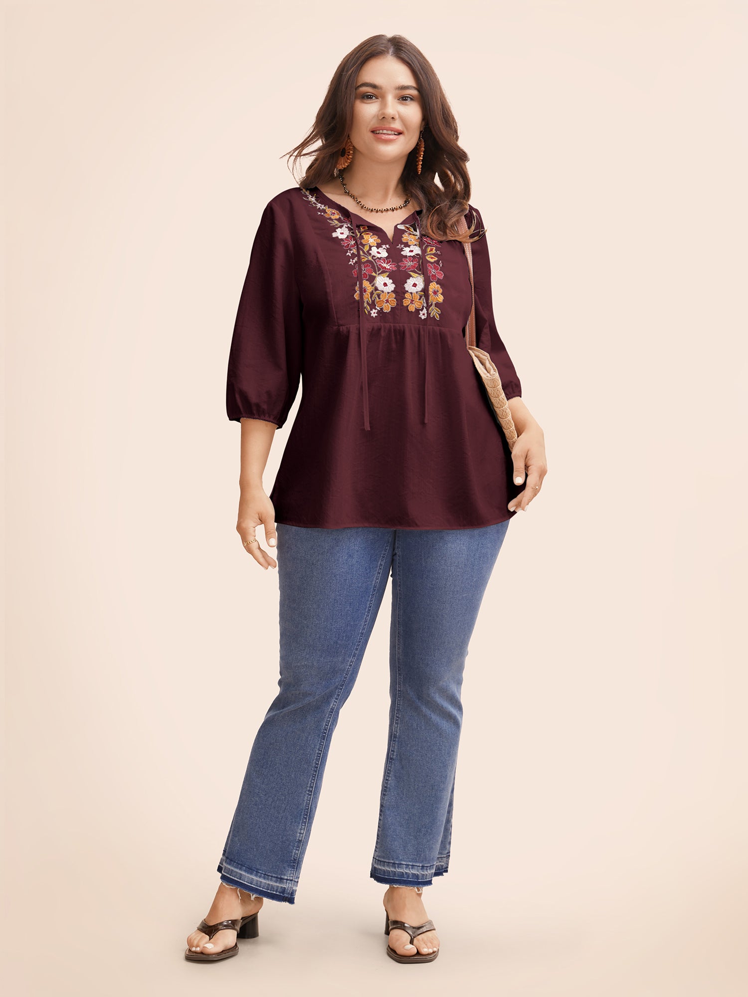 Floral Embroidered Tie Knot Lantern Sleeve Blouse