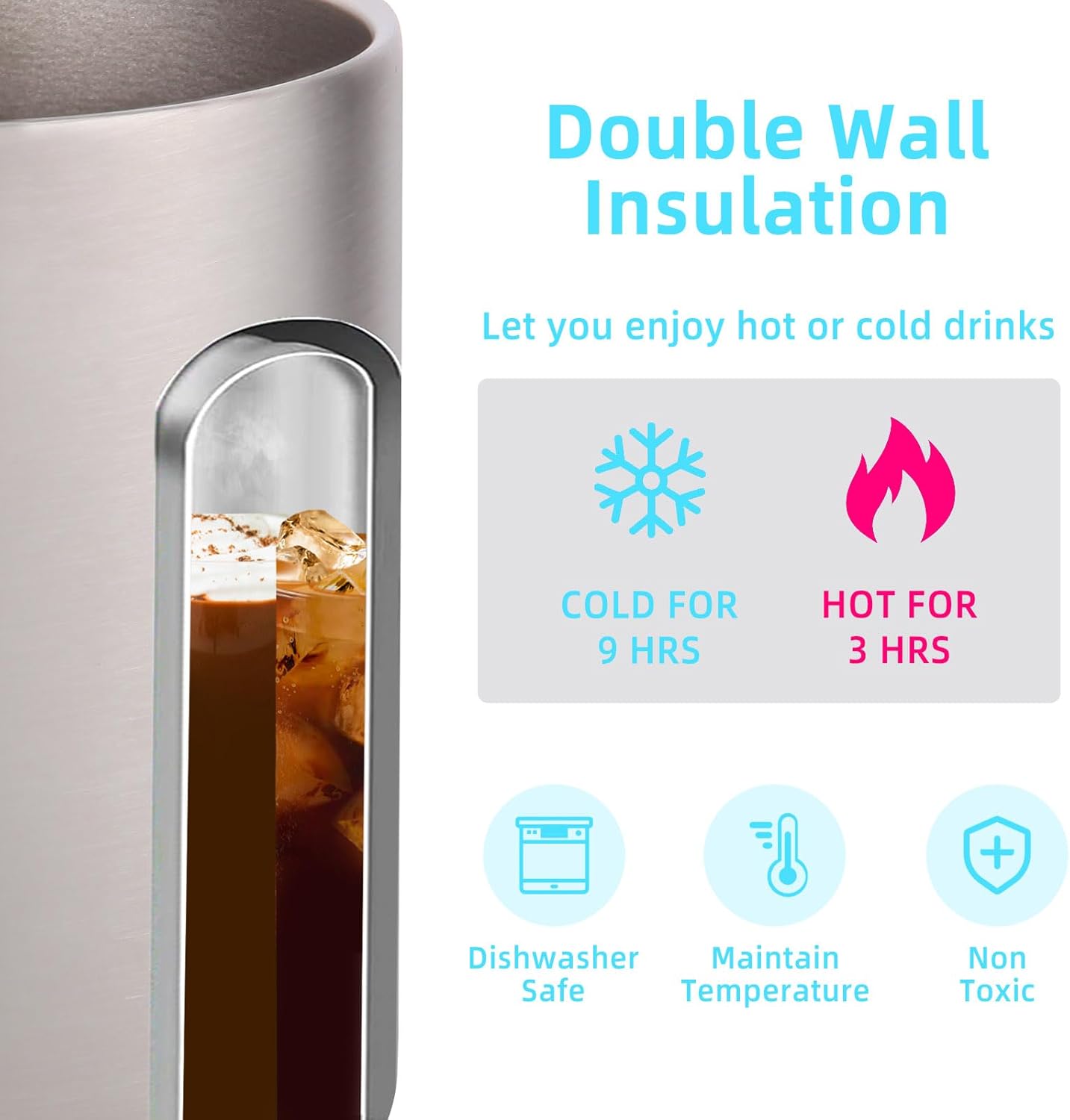 Volhoply 14oz Insulated Stainless Steel Coffee Mug with Leakproof Lid,Double Wall Vacuum Travel Coffee Cup with Handle,Reusable Metal Tumbler,Camping Mugs Keep Hot/Cold,Christmas Gifts(Black,1