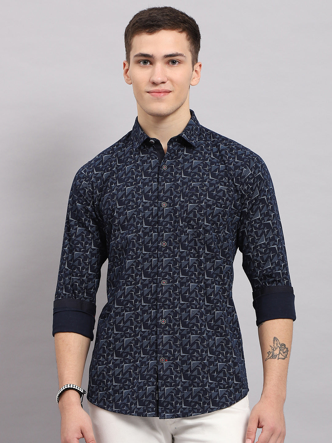 Men Navy Blue Printed Collar Full Sleeve Shirt