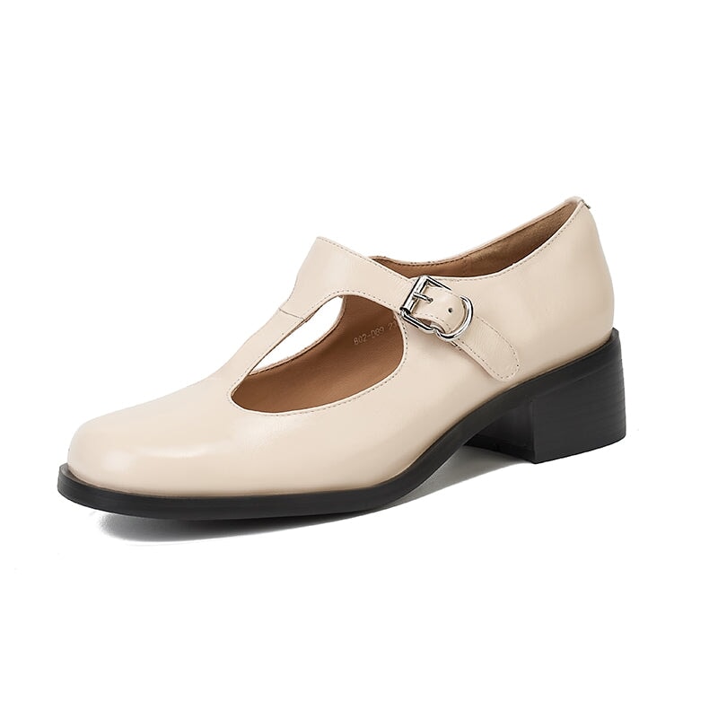 Handmade Retro Leather T Strap Mary Jane Shoes For Women Round Toe Black/Beige