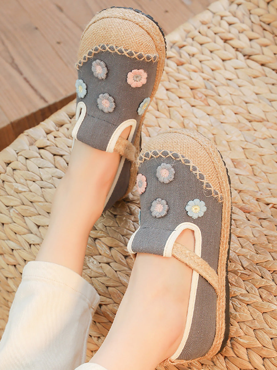 Women Artsy Summer Flower Embroidery Linen Shoes