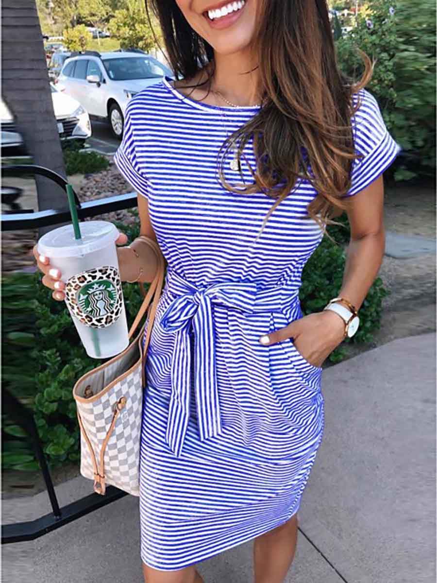 Short Sleeve Pinstripe Round Neck Casual Wear Dress