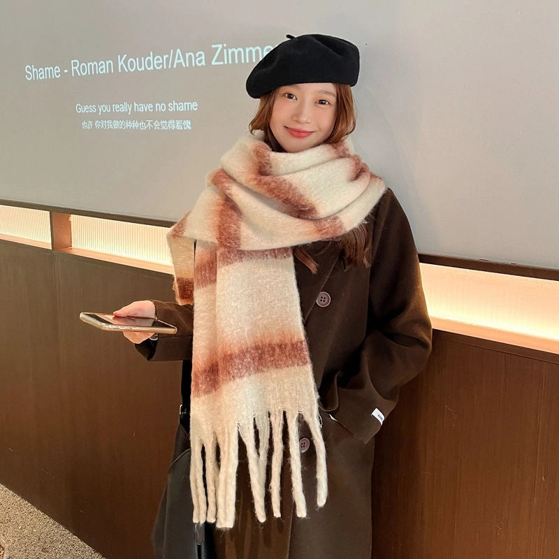 Women's Preppy Style Vacation Sweet Color Block Stripe Mohair Tassel Scarf