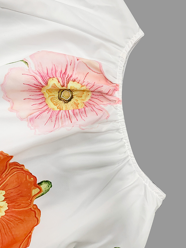 Long Sleeves Loose Elasticity Flower Print Pleated Round-neck Blouses&shirts Tops
