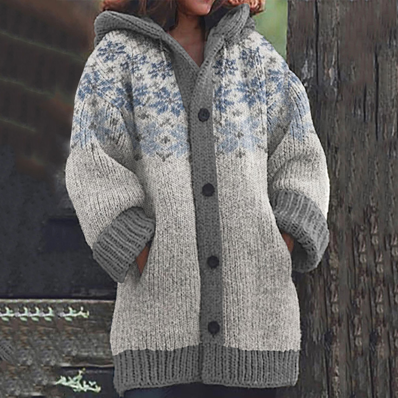 Rib Knit Double Lettlopi And Star Pattern Print Hooded Sweater Cardigan