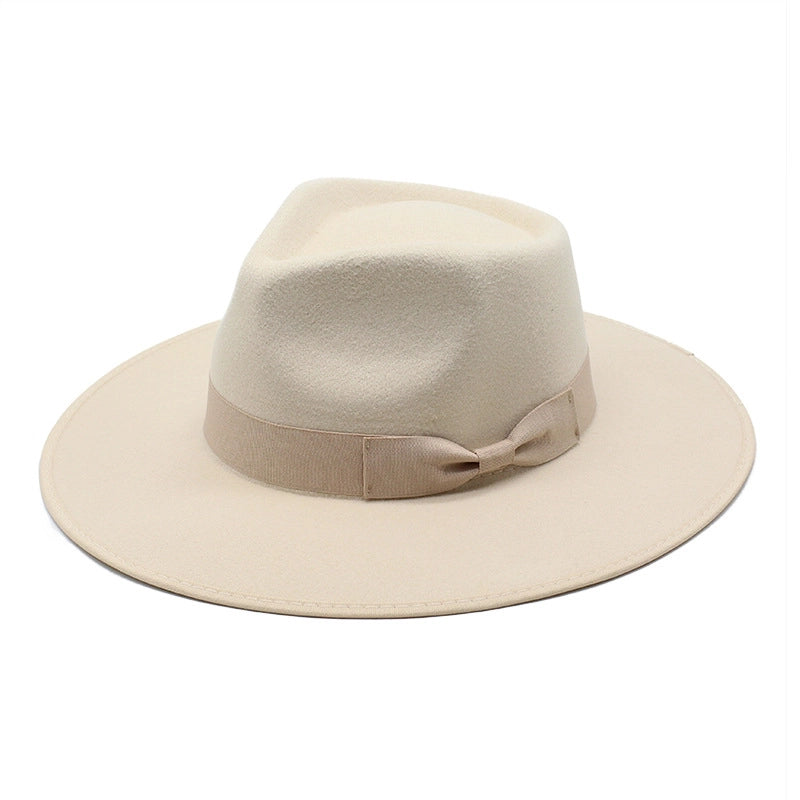 Autumn And Winter Wool Beige Wrapping Large Brim Jazz Top Hat Men's And Women's Bow Drop Top Jazz Hat Felt Hat