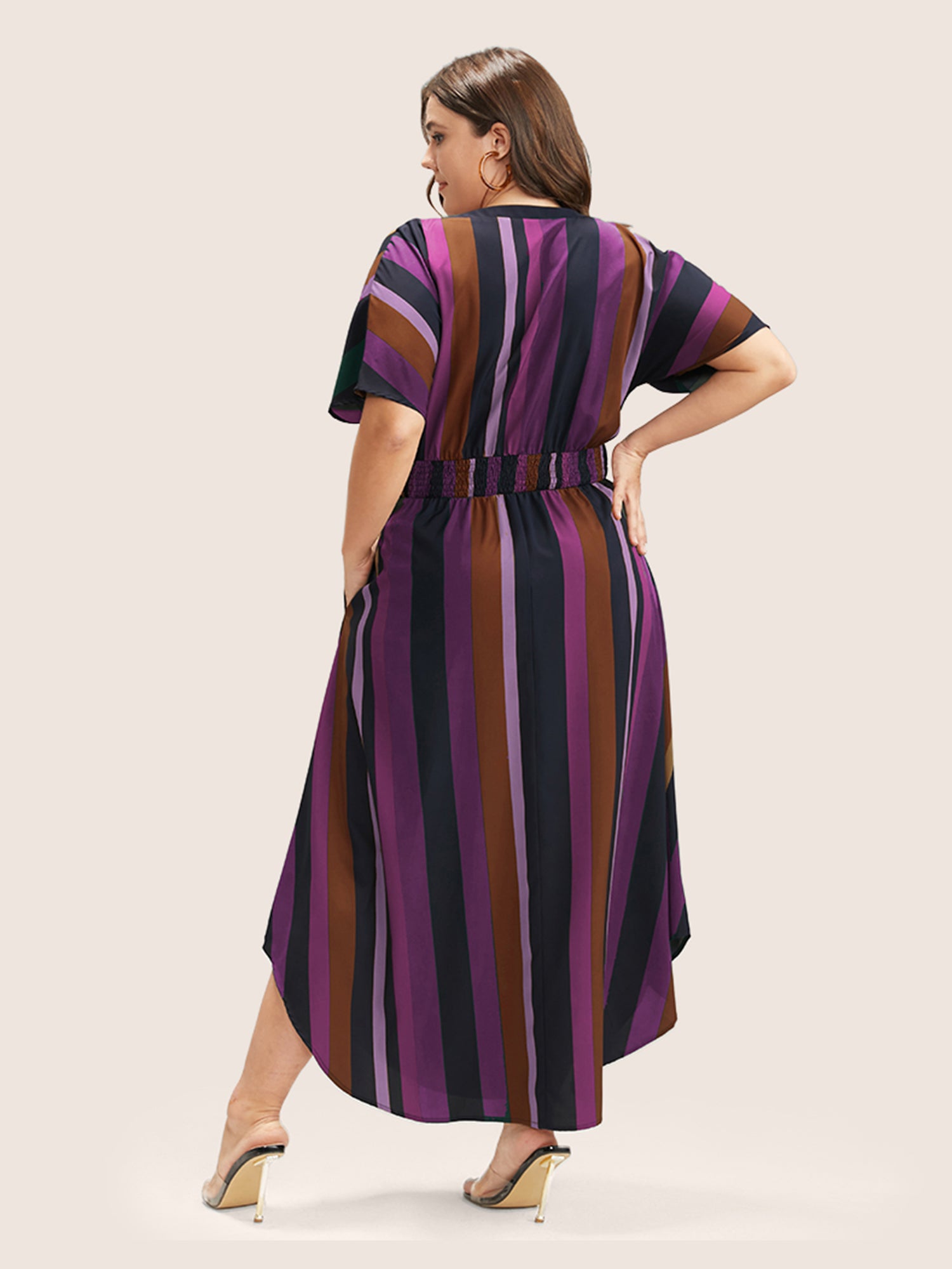 Striped Dolman Sleeve  Pocket Shirred Flutter Wrap Dress