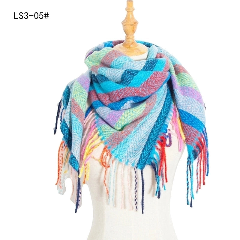 New Circle Yarn Stripe Plaid Polyester Long Tassel Bristle Square Scarf Female Men's Scarf Shawl